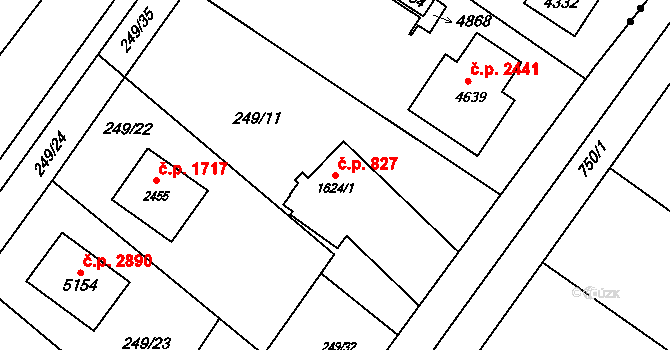 Rožnov pod Radhoštěm 827 na parcele st. 1624/1 v KÚ Rožnov pod Radhoštěm, Katastrální mapa