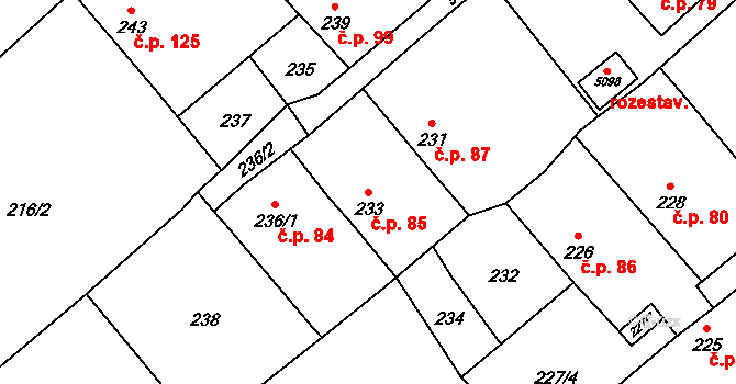 Milovice 85 na parcele st. 233 v KÚ Milovice nad Labem, Katastrální mapa