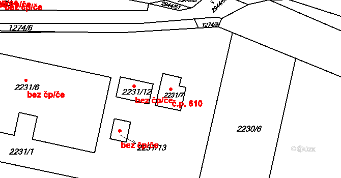 Žebětín 610, Brno na parcele st. 2231/7 v KÚ Žebětín, Katastrální mapa