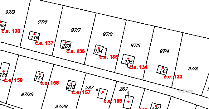 Podhoří 135, Cheb na parcele st. 134 v KÚ Podhoří u Chebu, Katastrální mapa