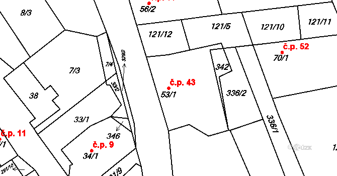 Zibohlavy 43, Kolín na parcele st. 53/1 v KÚ Zibohlavy, Katastrální mapa