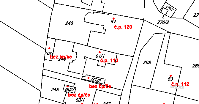 Želízy 113 na parcele st. 61/1 v KÚ Želízy, Katastrální mapa