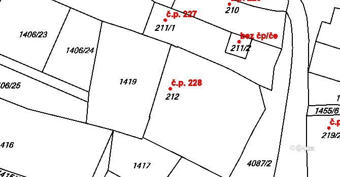 Strmilov 228 na parcele st. 212 v KÚ Strmilov, Katastrální mapa