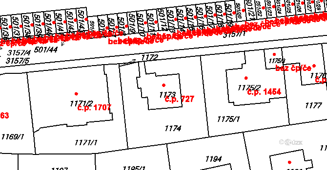Braník 727, Praha na parcele st. 1173 v KÚ Braník, Katastrální mapa
