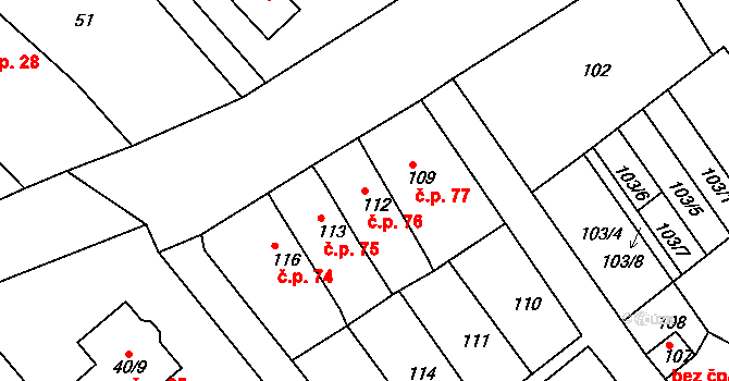 Přestanov 76 na parcele st. 112 v KÚ Přestanov, Katastrální mapa