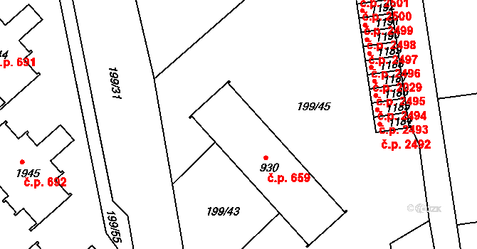 Sezimovo Ústí 659 na parcele st. 930 v KÚ Sezimovo Ústí, Katastrální mapa