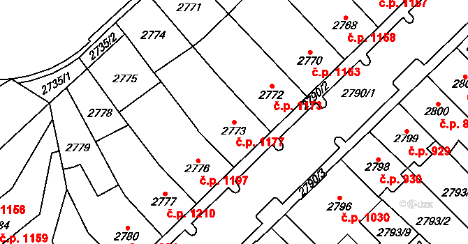 Chomutov 1177 na parcele st. 2773 v KÚ Chomutov I, Katastrální mapa