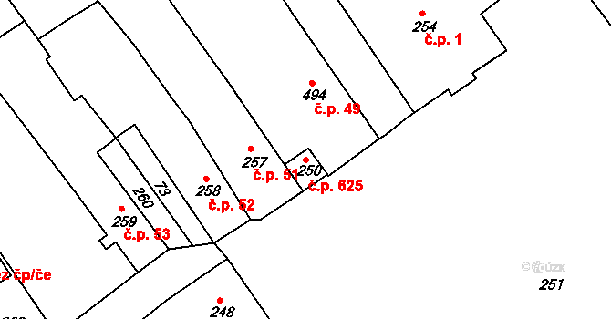 Hodkovice nad Mohelkou 625 na parcele st. 250 v KÚ Hodkovice nad Mohelkou, Katastrální mapa