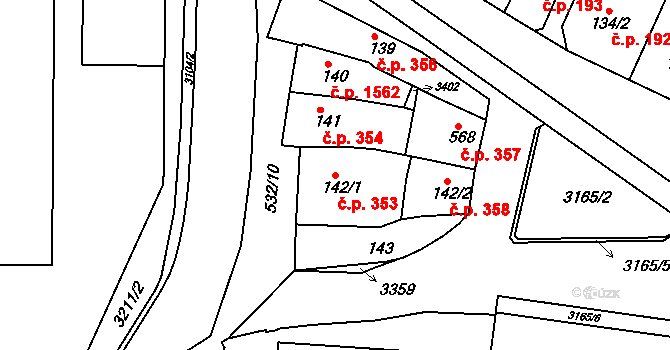 Ivančice 353 na parcele st. 142/1 v KÚ Ivančice, Katastrální mapa