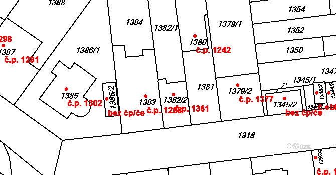 Šlapanice 1361 na parcele st. 1382/2 v KÚ Šlapanice u Brna, Katastrální mapa