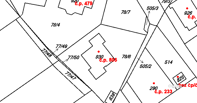 Radošovice 505, Říčany na parcele st. 930 v KÚ Říčany-Radošovice, Katastrální mapa