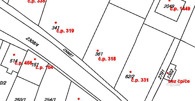 Kateřinky 318, Opava na parcele st. 361 v KÚ Kateřinky u Opavy, Katastrální mapa