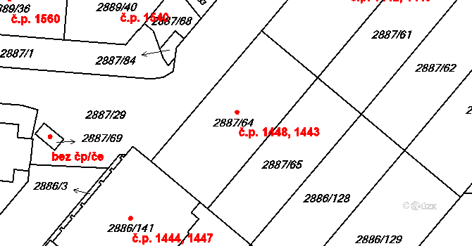 Kyje 1443,1448, Praha na parcele st. 2887/64 v KÚ Kyje, Katastrální mapa