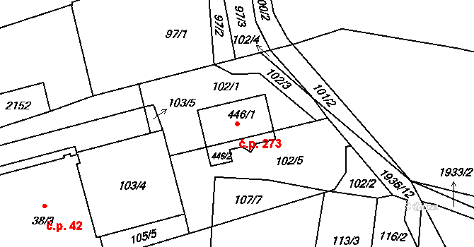 Břilice 273, Třeboň na parcele st. 446/1 v KÚ Břilice, Katastrální mapa