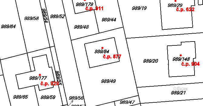 Nebušice 877, Praha na parcele st. 989/84 v KÚ Nebušice, Katastrální mapa