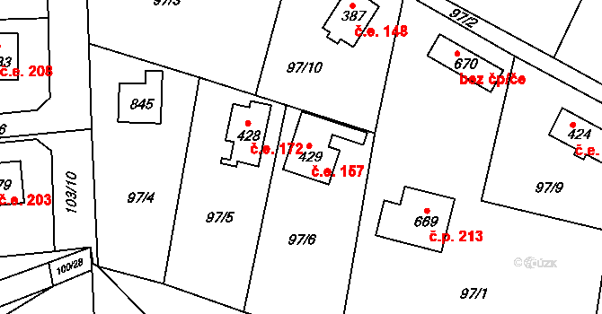 Struhařov 157 na parcele st. 429 v KÚ Struhařov u Mnichovic, Katastrální mapa