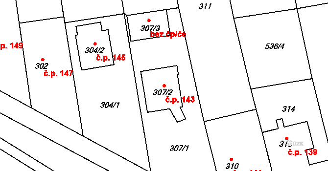 Chlebičov 143 na parcele st. 307/2 v KÚ Chlebičov, Katastrální mapa