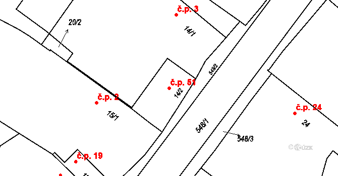 Radkovice 51 na parcele st. 14/2 v KÚ Radkovice u Příchovic, Katastrální mapa
