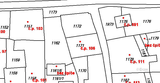 Postřelmov 106 na parcele st. 1171 v KÚ Postřelmov, Katastrální mapa