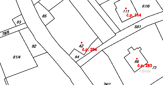 Heřmánky 284 na parcele st. 42 v KÚ Heřmánky nad Odrou, Katastrální mapa