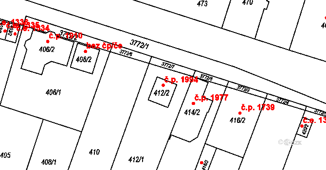 Kuřim 1994 na parcele st. 412/2 v KÚ Kuřim, Katastrální mapa