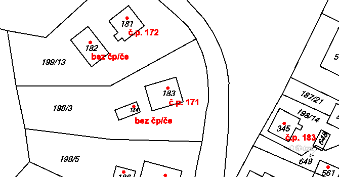 Roztoky 171 na parcele st. 183 v KÚ Roztoky u Křivoklátu, Katastrální mapa