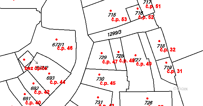 Latrán 47, Český Krumlov na parcele st. 729 v KÚ Český Krumlov, Katastrální mapa
