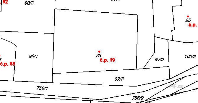 Pulice 19, Dobruška na parcele st. 23 v KÚ Pulice, Katastrální mapa
