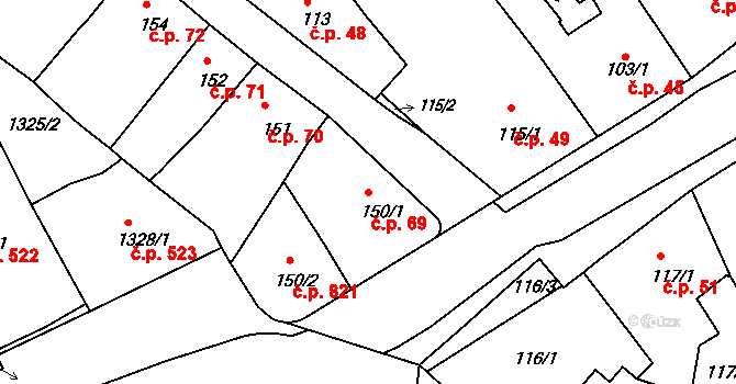 Holešov 69 na parcele st. 150/1 v KÚ Holešov, Katastrální mapa
