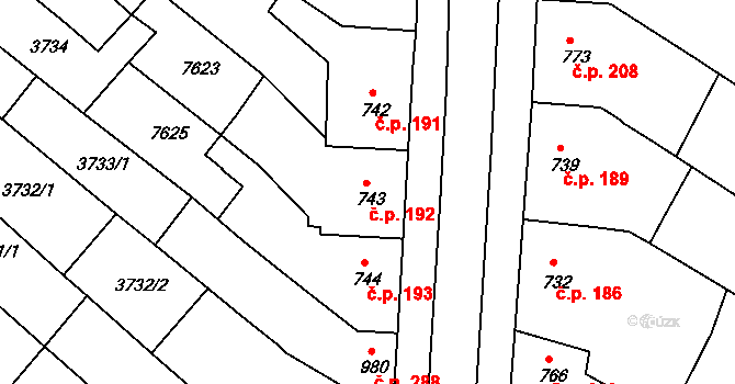 Telč-Podolí 192, Telč na parcele st. 743 v KÚ Telč, Katastrální mapa