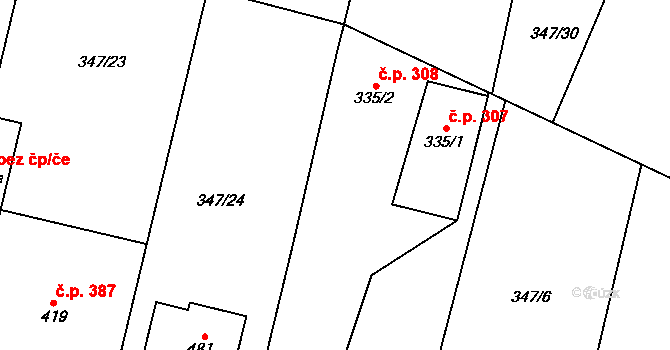 Rožďalovice 308 na parcele st. 335/2 v KÚ Rožďalovice, Katastrální mapa