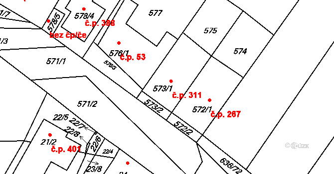 Kačice 311 na parcele st. 573/1 v KÚ Kačice, Katastrální mapa