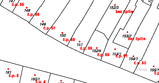 Kyjov 59 na parcele st. 151 v KÚ Kyjov, Katastrální mapa