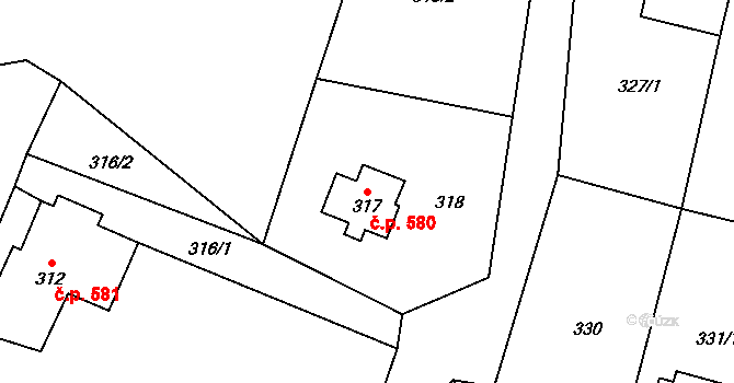 Raspenava 580 na parcele st. 317 v KÚ Raspenava, Katastrální mapa