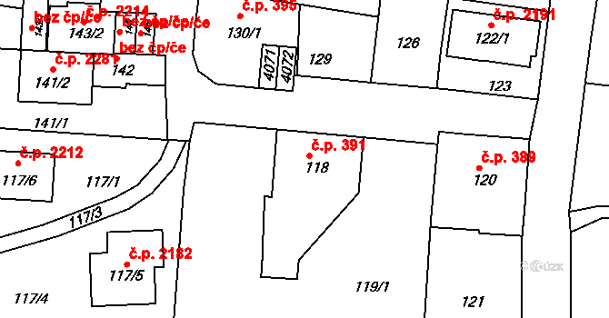 Tachov 391 na parcele st. 118 v KÚ Tachov, Katastrální mapa