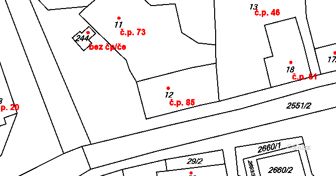 Bechlín 85 na parcele st. 12 v KÚ Bechlín, Katastrální mapa