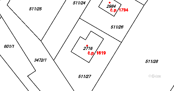 Lysá nad Labem 1619 na parcele st. 2716 v KÚ Lysá nad Labem, Katastrální mapa