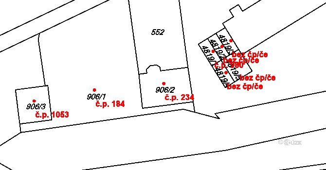 Borovina 234, Třebíč na parcele st. 906/2 v KÚ Třebíč, Katastrální mapa