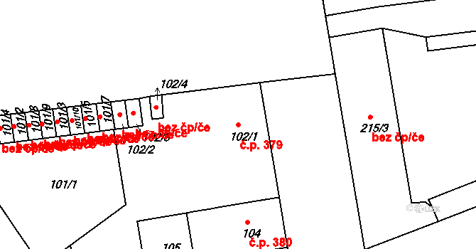 Trnitá 379, Brno na parcele st. 102/1 v KÚ Trnitá, Katastrální mapa