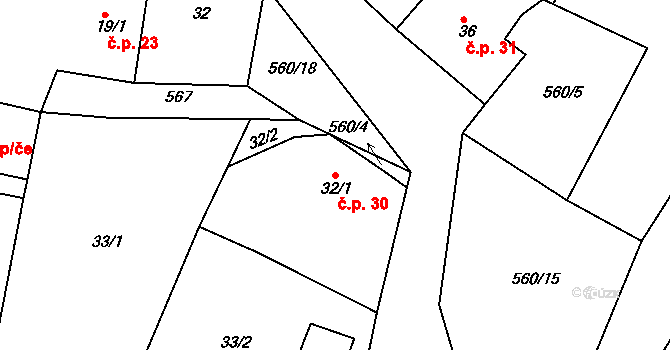 Potočiště 30, Odrava na parcele st. 32/1 v KÚ Potočiště, Katastrální mapa