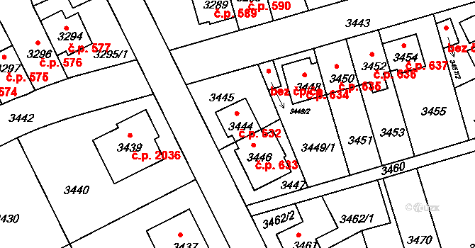Záběhlice 632, Praha na parcele st. 3444 v KÚ Záběhlice, Katastrální mapa