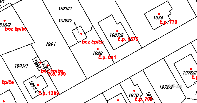 Kyje 691, Praha na parcele st. 1988 v KÚ Kyje, Katastrální mapa