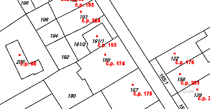 Prštice 174 na parcele st. 189 v KÚ Prštice, Katastrální mapa