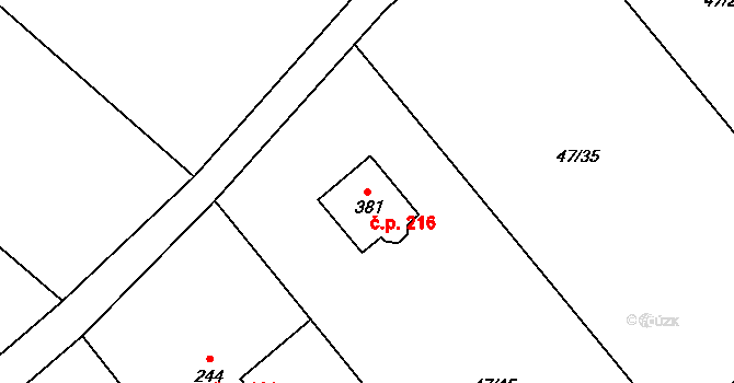 Písečná 216 na parcele st. 381 v KÚ Písečná u Jablunkova, Katastrální mapa