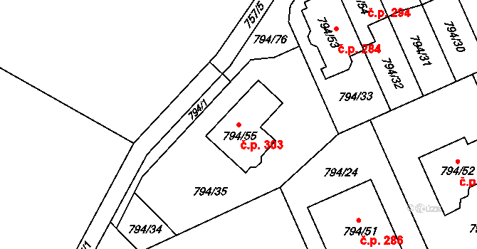 Jehnice 303, Brno na parcele st. 794/55 v KÚ Jehnice, Katastrální mapa