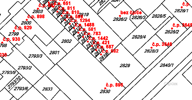 Chomutov 687 na parcele st. 2817 v KÚ Chomutov I, Katastrální mapa
