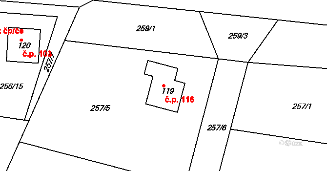 Lohenice 116, Přelouč na parcele st. 119 v KÚ Lohenice u Přelouče, Katastrální mapa