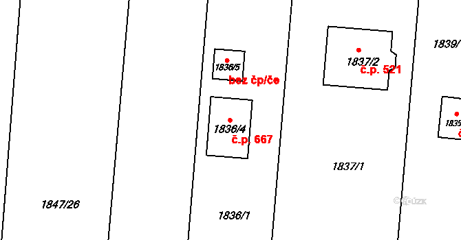 Velký Týnec 667 na parcele st. 1836/4 v KÚ Velký Týnec, Katastrální mapa