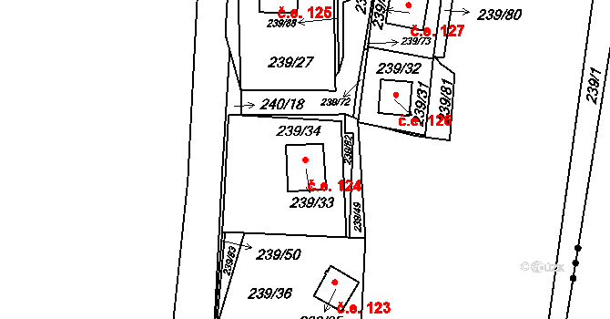 Tušimice 124, Kadaň na parcele st. 239/33 v KÚ Tušimice, Katastrální mapa