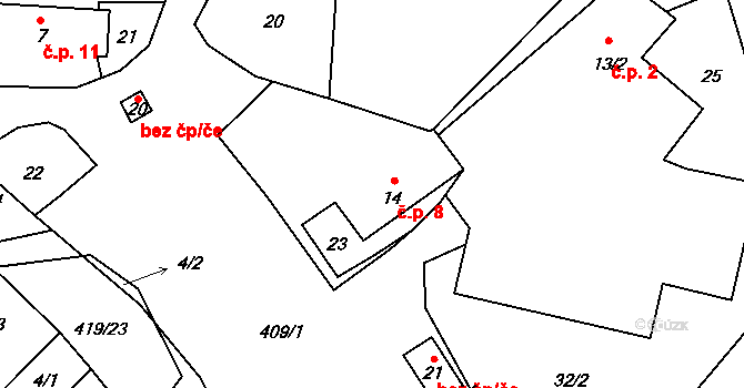 Bojanov 8, Křižanov na parcele st. 14 v KÚ Bojanov u Dolní Libochové, Katastrální mapa